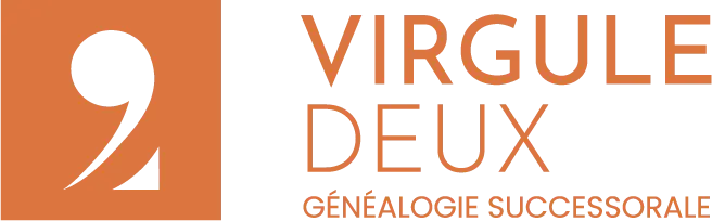 Logo Virgule Deux en orange avec la baseline généalogie successorale